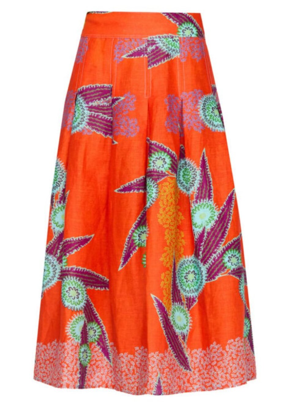 Marie Oliver Frankie Midi Skirt, Linen Skirt in Orange w Purple & Green Floral
